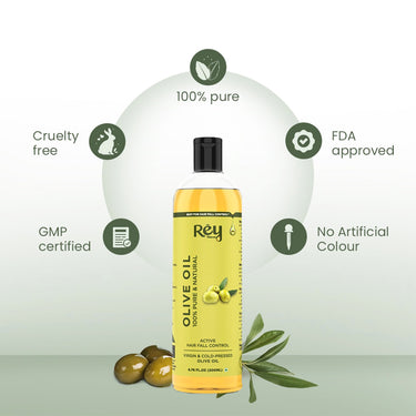 Rey Naturals Cold Pressed Extra Virgin Olive Oil For Hair | Nourishing Hair Oil For All Hair Types | Deeply Moisturizes, Repairs And Strengthens Hair | For Good Hair Texture And Adds Shine - 200ml